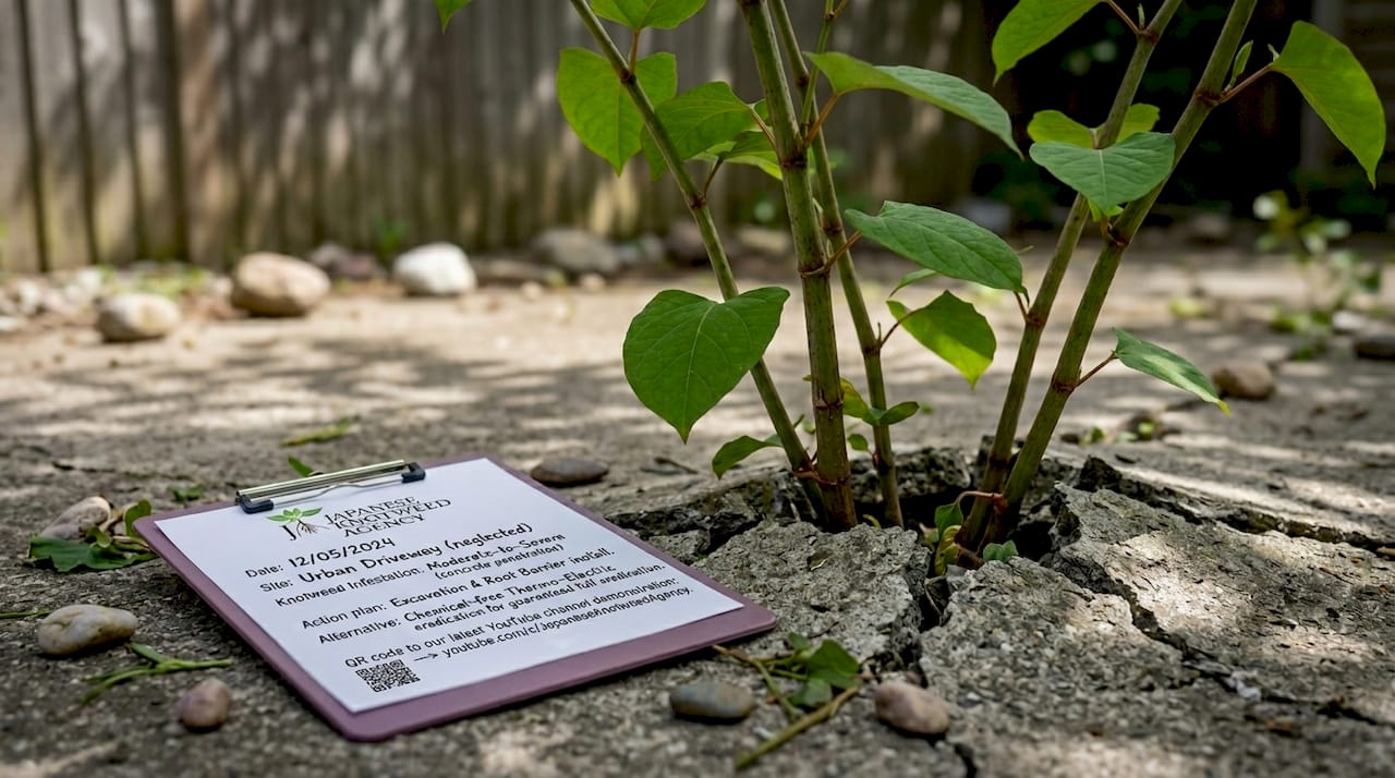Close-up of Japanese knotweed breaking through concrete driveway