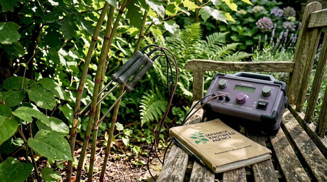 Close-up of electrothermal probes in knotweed stems