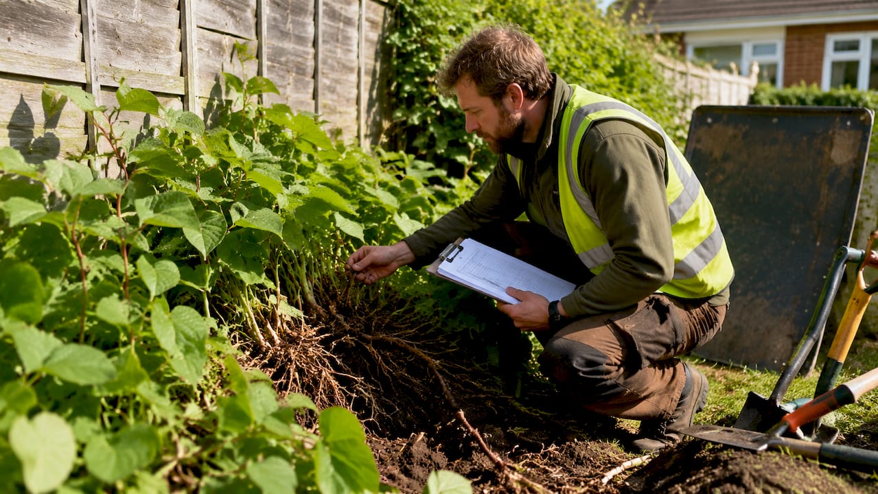 Surveyor assessing Japanese knotweed in garden