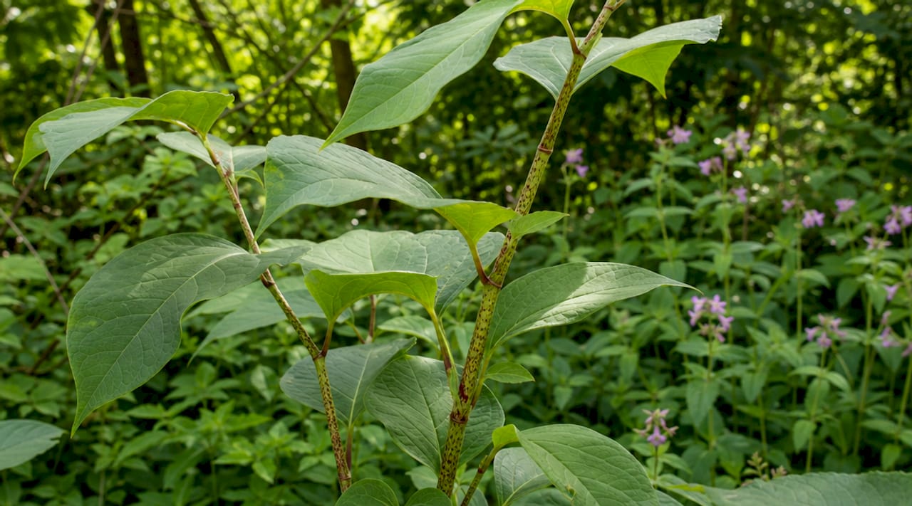 日本虎杖的茎部和叶片近距离拍摄，细节清晰可见。