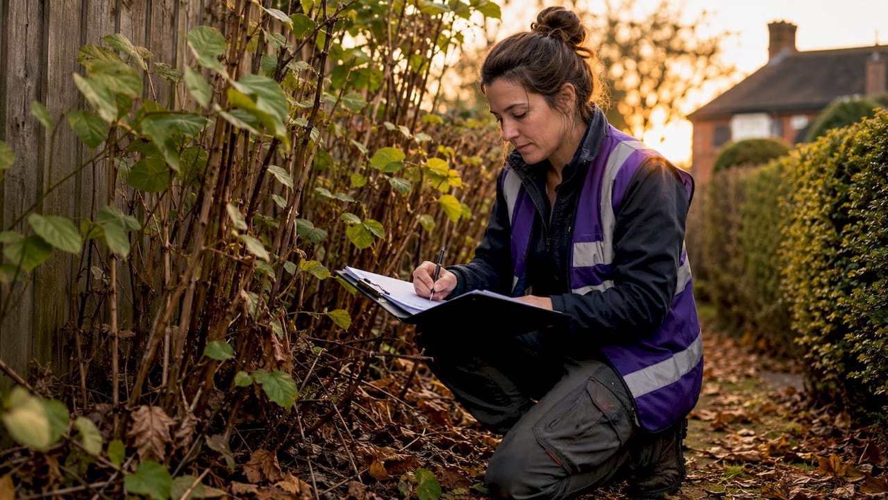 Surveyor assessing Japanese knotweed in garden