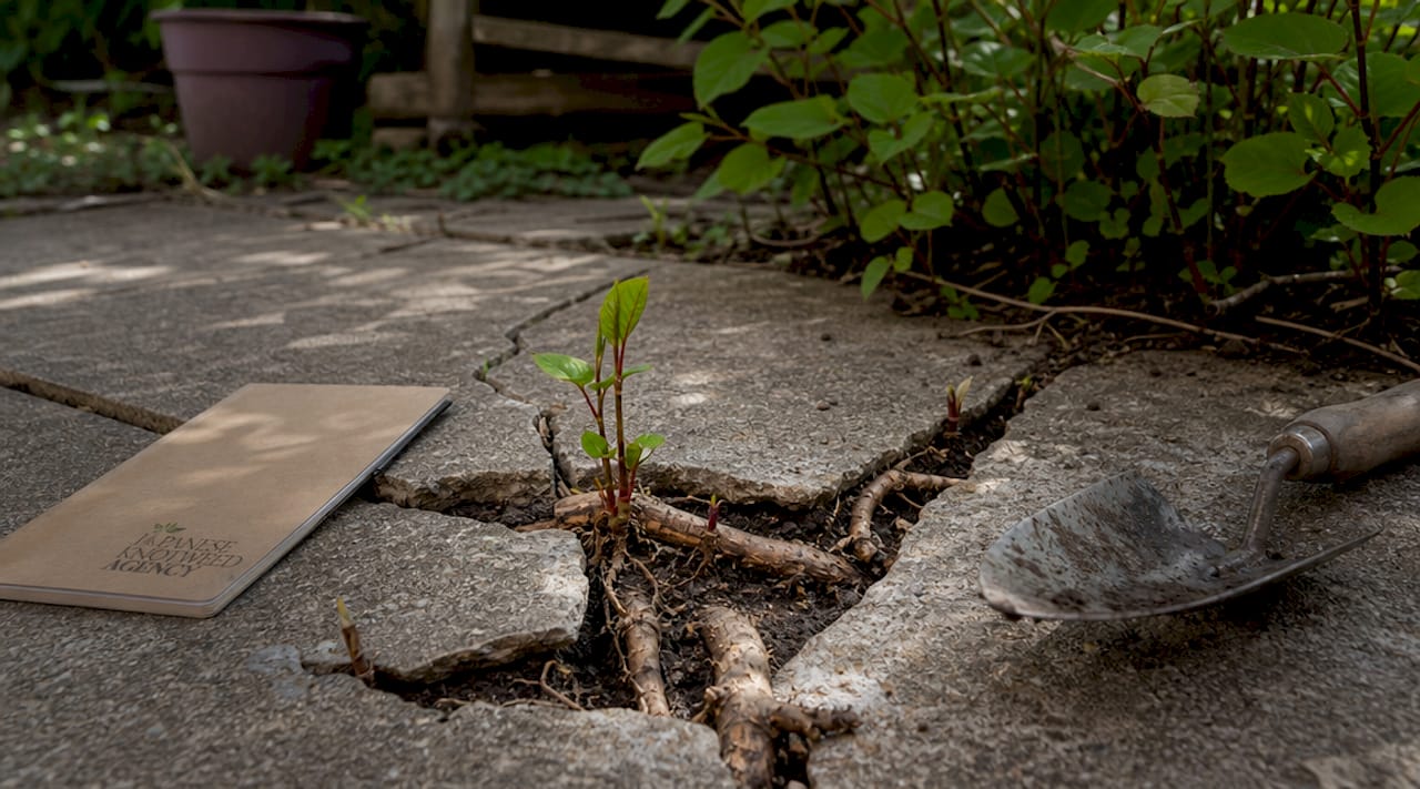 Close-up of knotweed rhizome under cracked concrete path