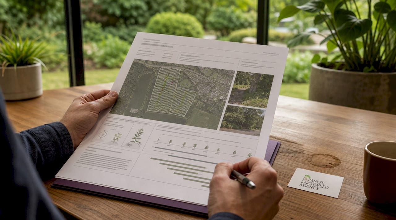 Surveyor reviewing knotweed management plan documents