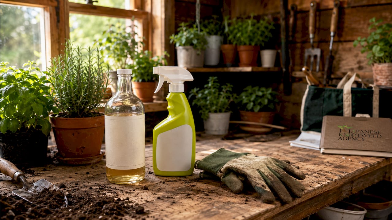 Natural herbicide products and gardening tools on bench