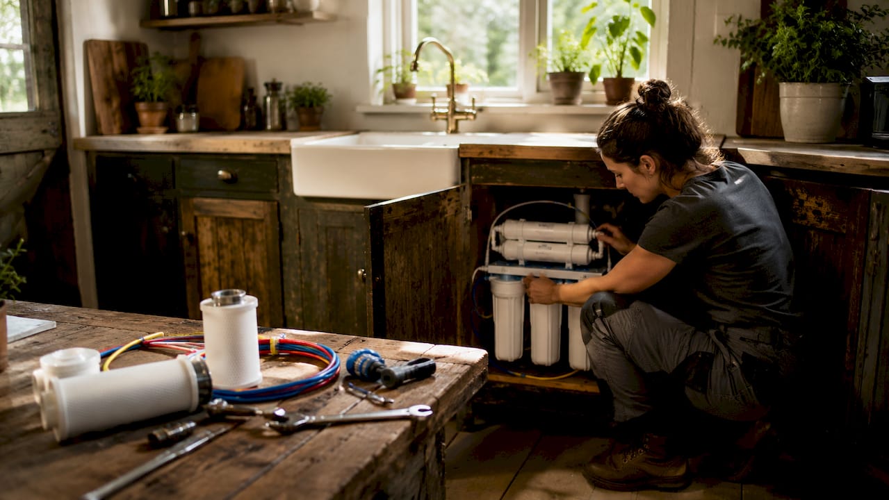 Plumber installing reverse osmosis filter under sink