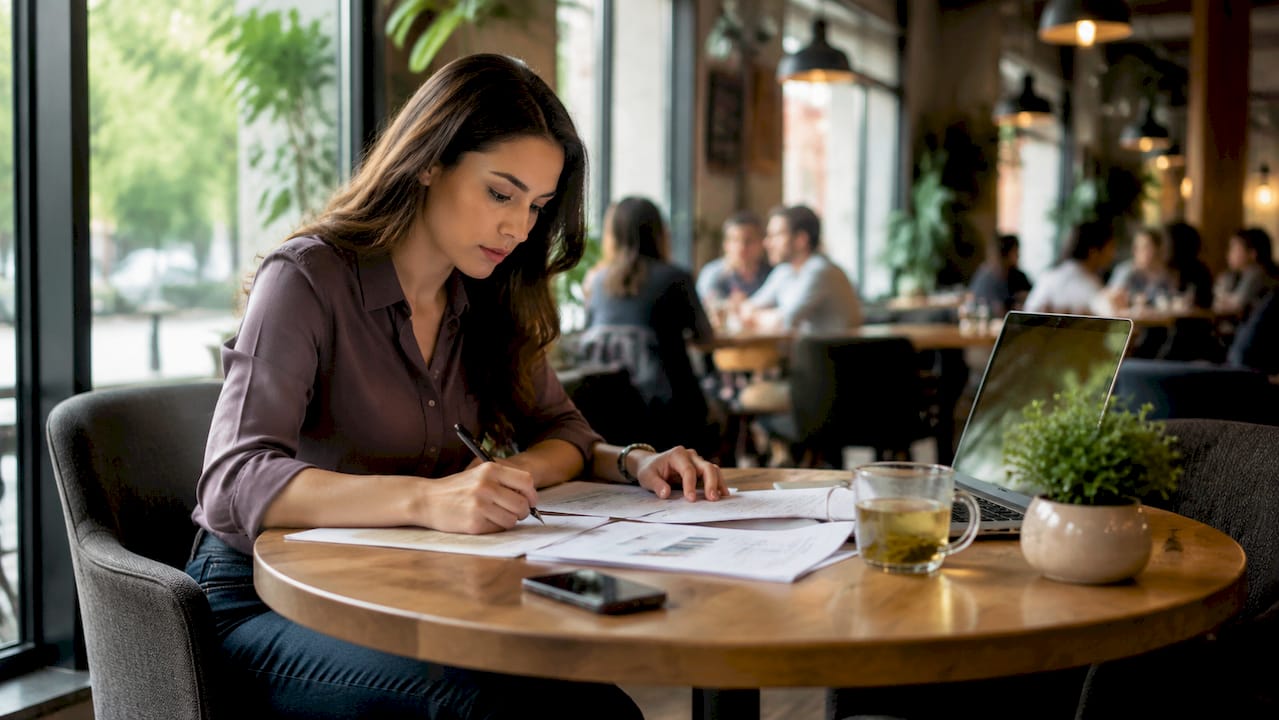 Woman reviewing mortgage paperwork at kitchen
