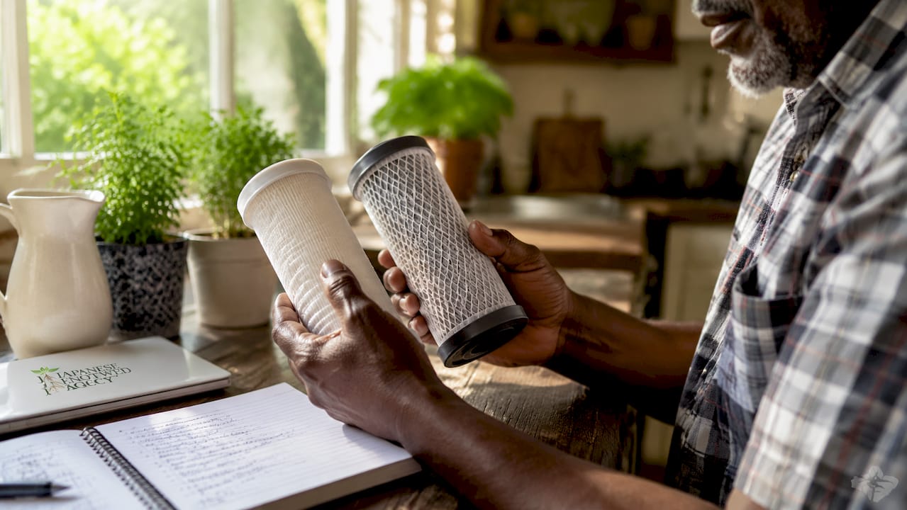 Hands comparing water filter cartridges on table