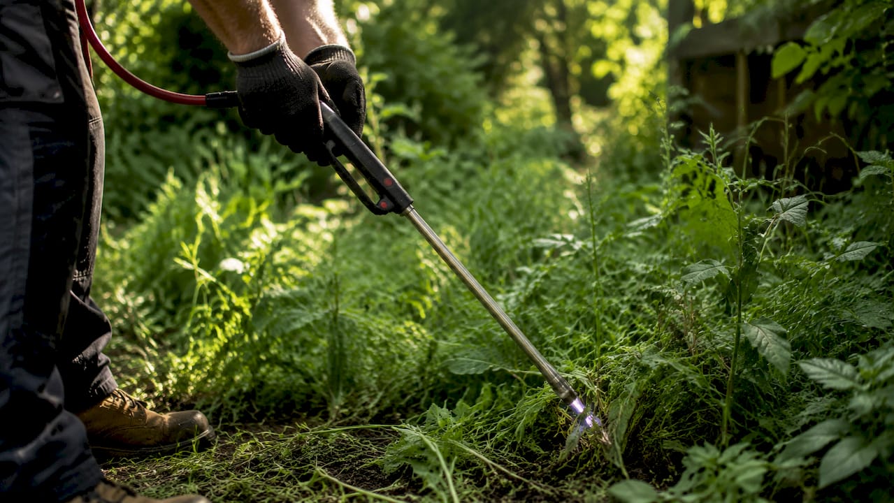 Close-up of electric probe on invasive weed stem