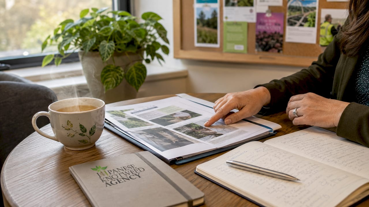 Hands reviewing various property survey reports on table