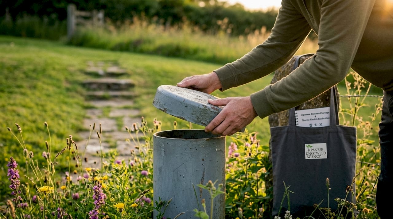 Hands inspecting private well cap outdoors