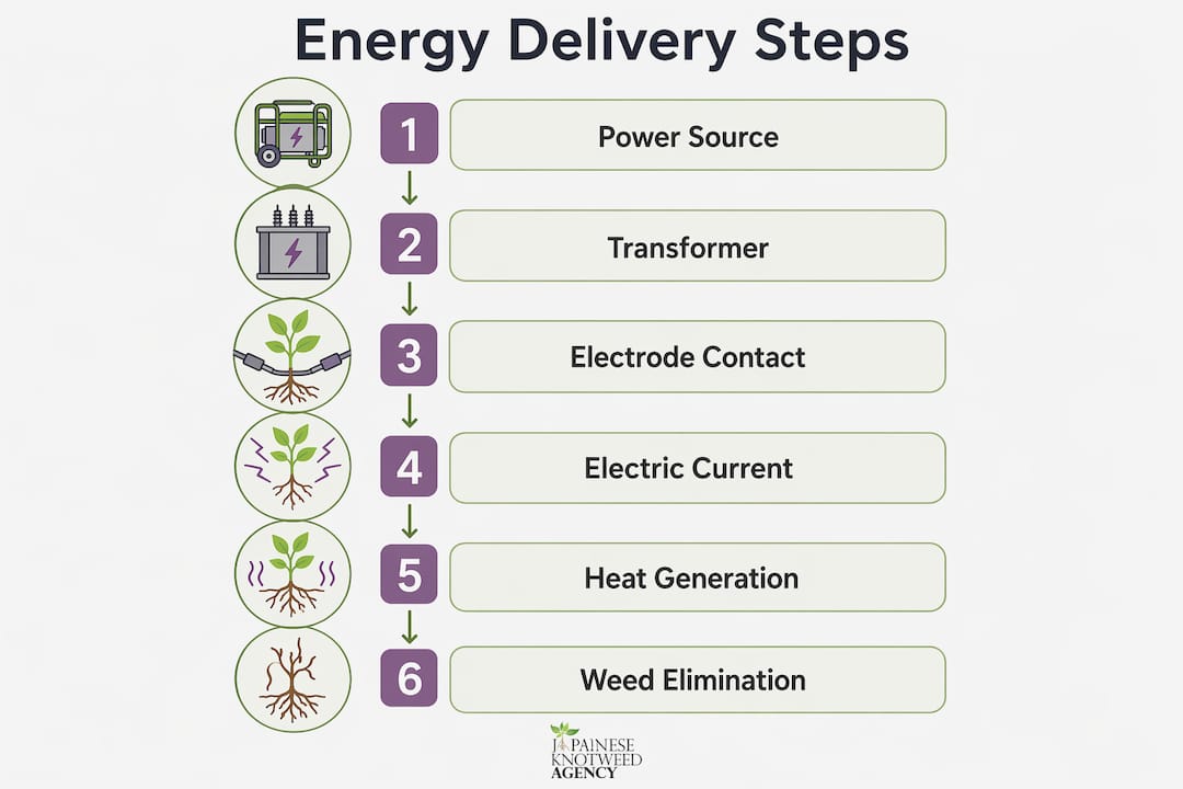 Infographic illustrating steps of energy delivery in weed control.