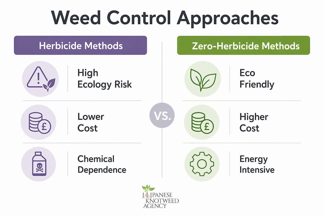 Infographic comparing herbicide and zero-herbicide weed control methods
