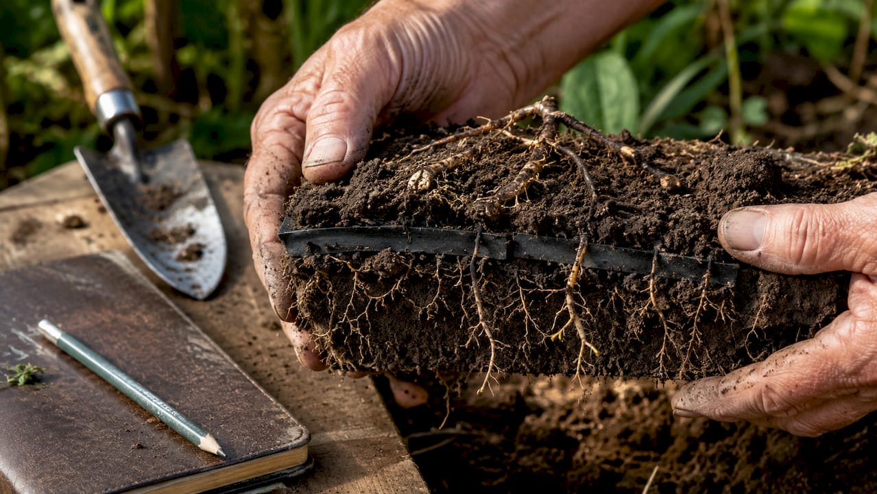 Hands holding soil with embedded root barrier