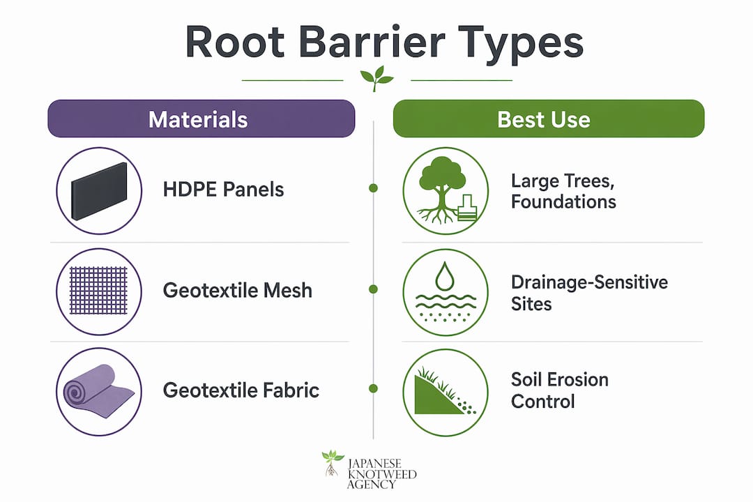 Infographic comparing root barrier materials and uses
