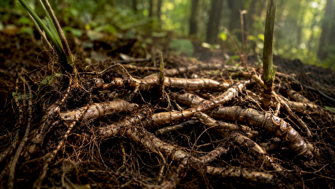 Close-up of invasive rhizome network underground