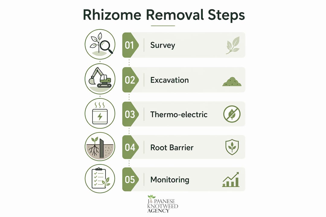 Infographic showing rhizome removal process steps