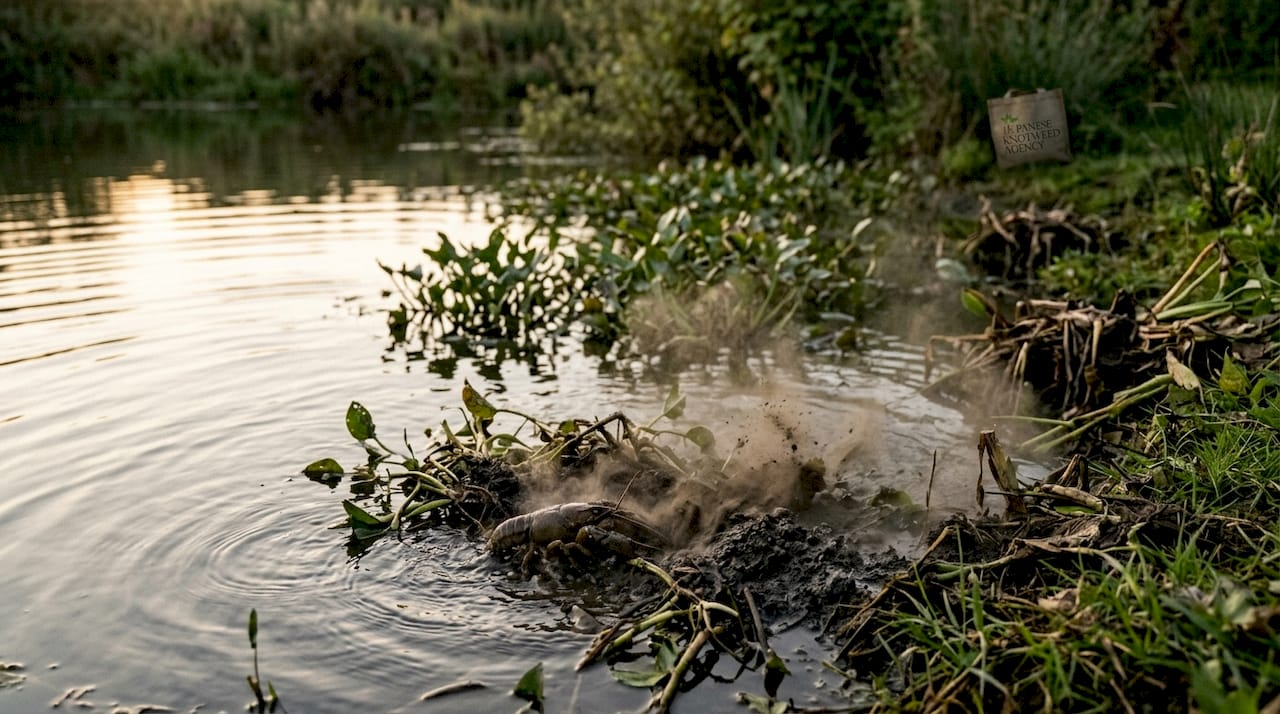 Invasive crayfish disturbing aquatic plants underwater