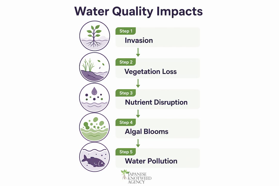 Infographic showing five steps of invasive species impact on water quality