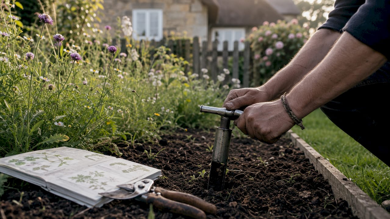 Close-up of hands performing soil sampling in garden