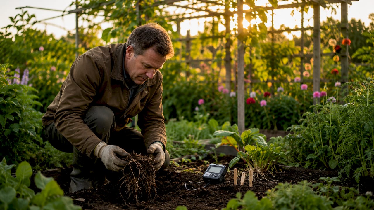 Man inspecting garden soil and roots after treatment