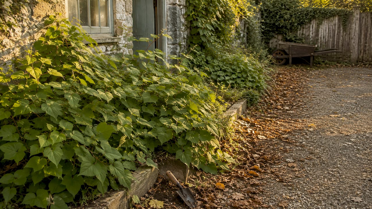 Japanese knotweed invading driveway cracks
