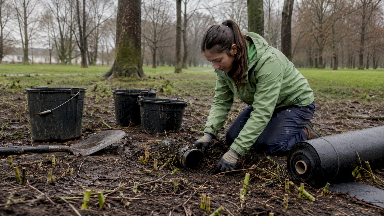 Hands installing root barrier near weed roots