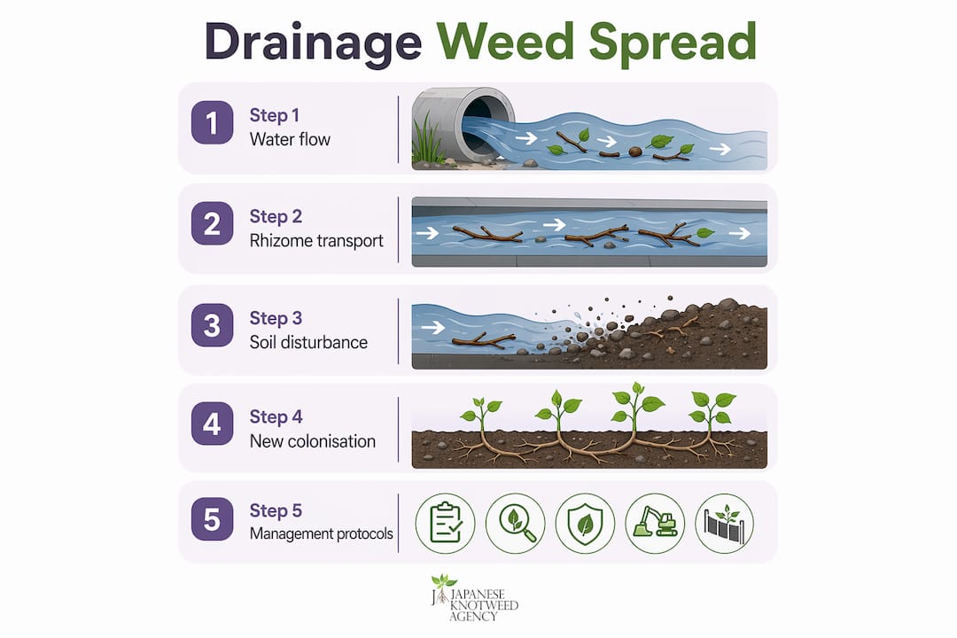 Infographic showing drainage weed spread flow