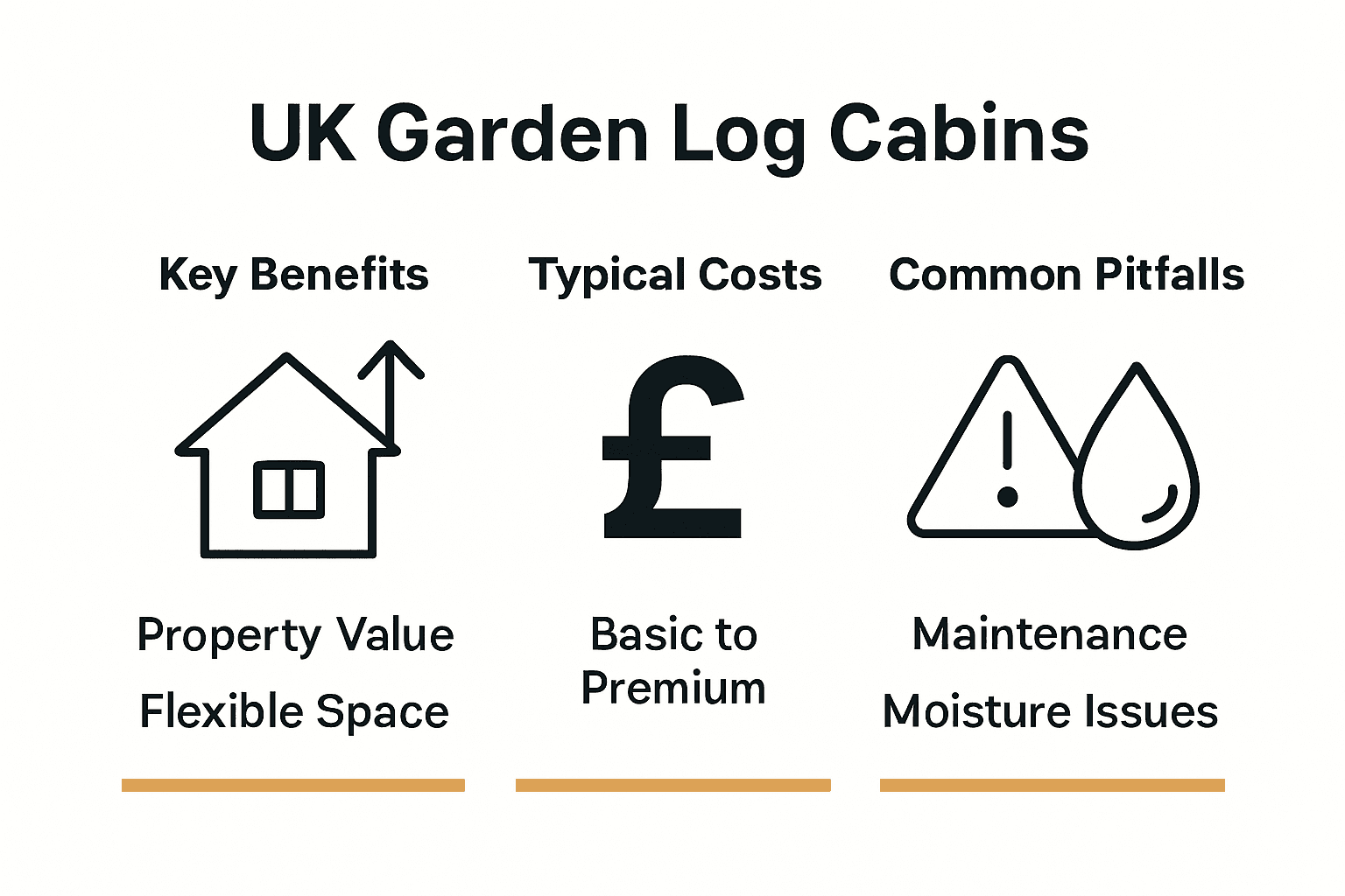 Infographic comparing benefits, costs, and challenges of garden log cabins.