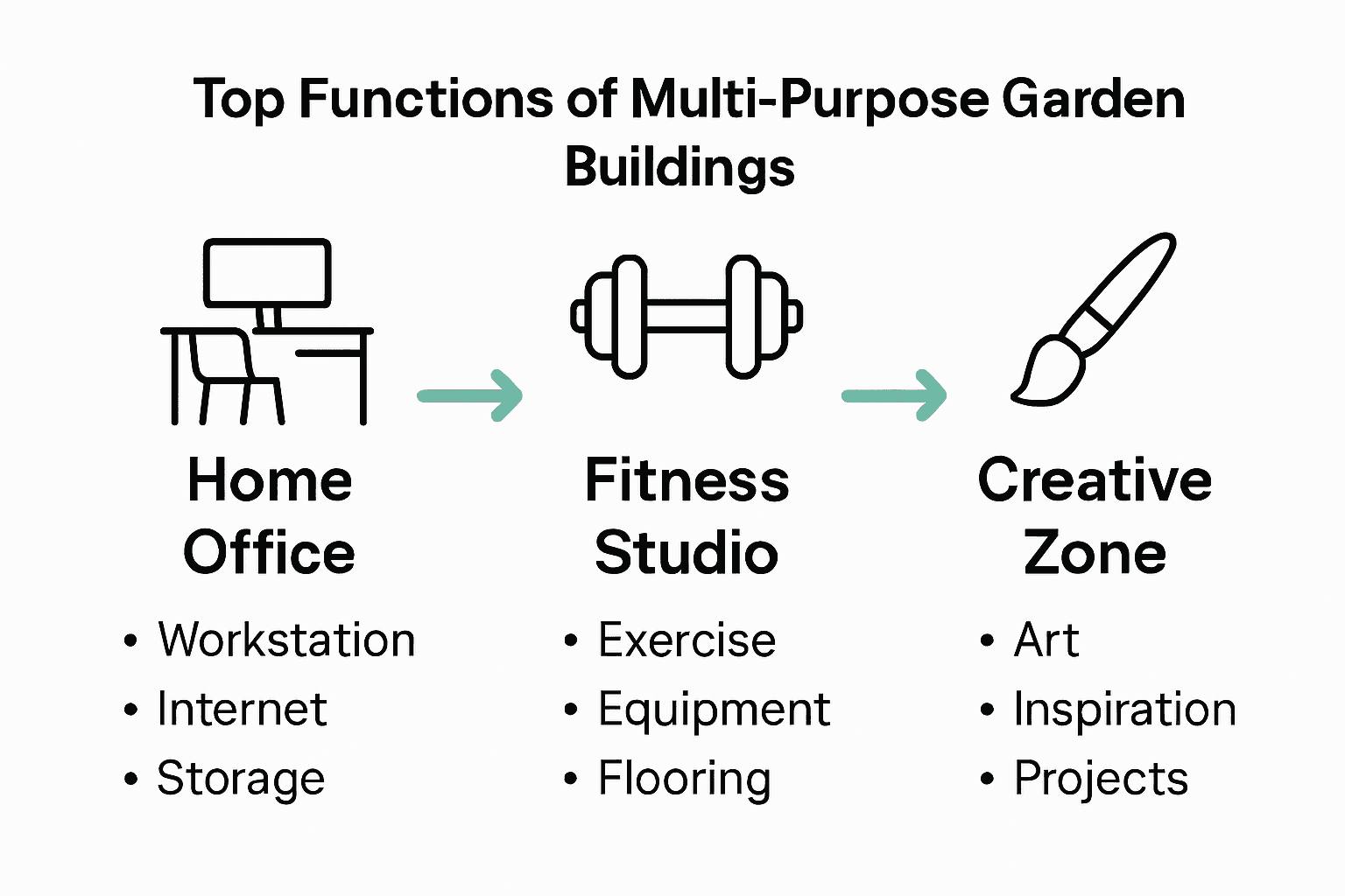 Infographic showing three main uses for a garden building: office, gym, creative space.