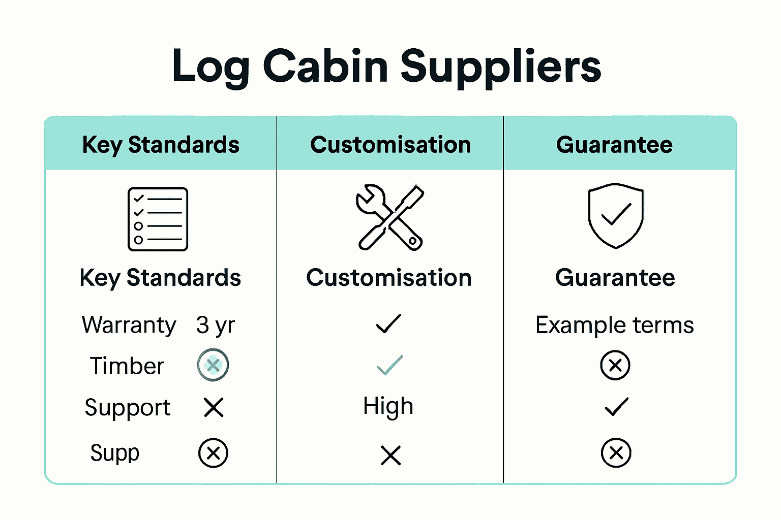 Comparison of three UK log cabin suppliers by standards and customisation options