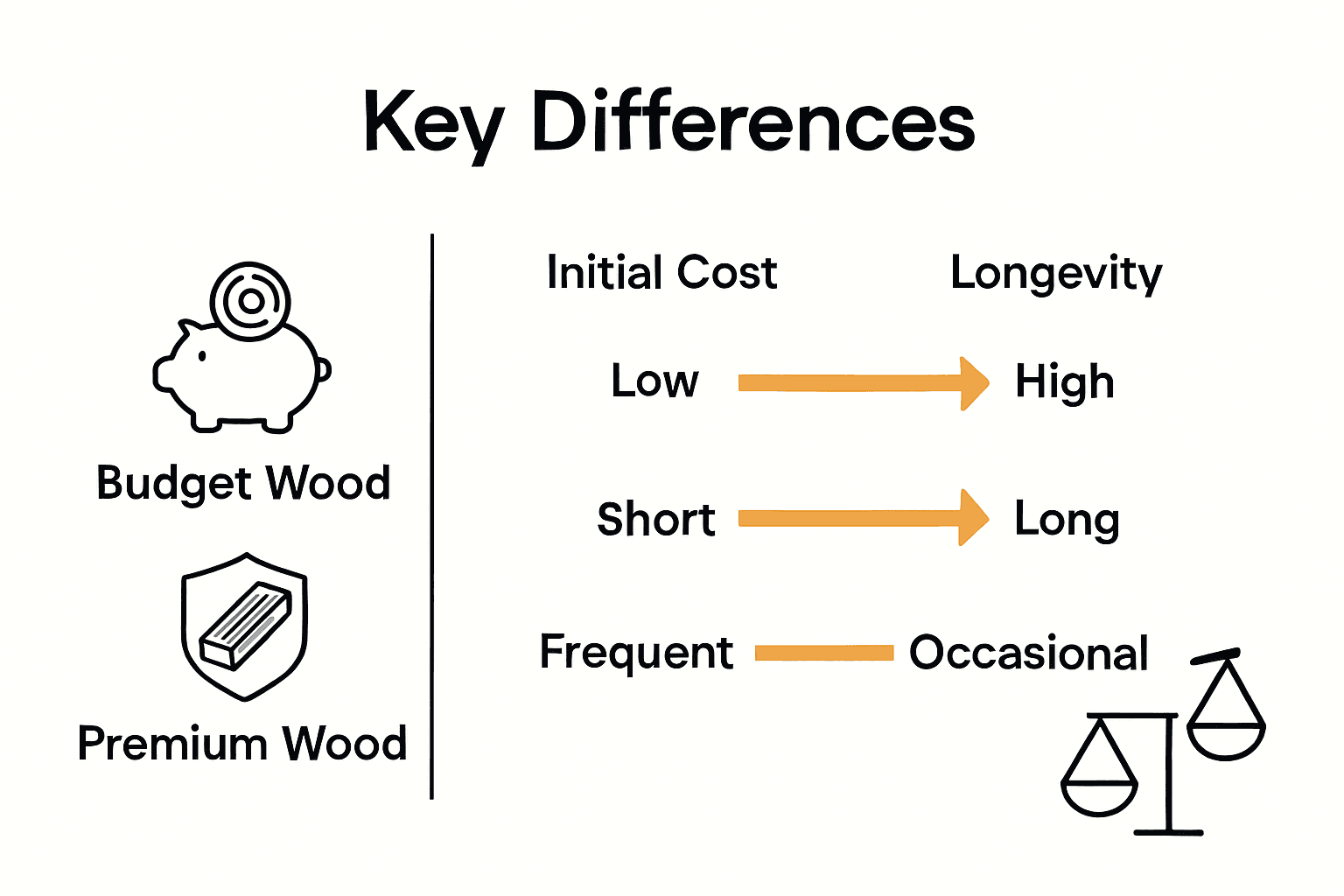 Infographic comparing budget and premium woods for garden buildings.