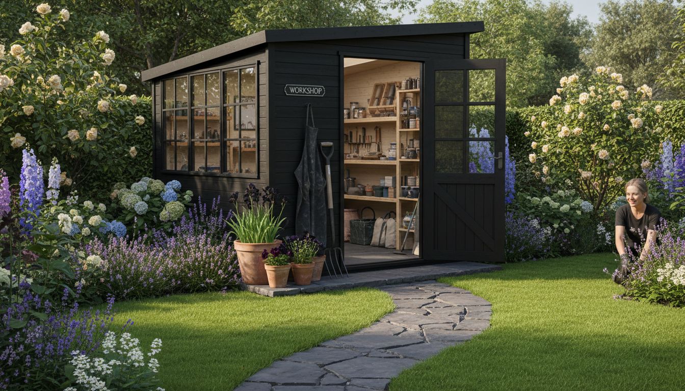 Realistic British custom garden shed in garden