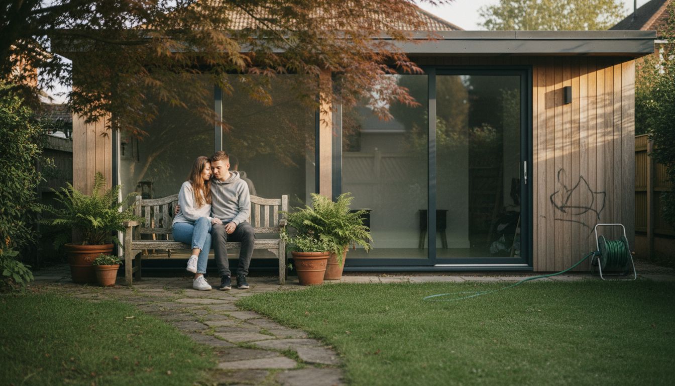 Couple in front of modern garden building