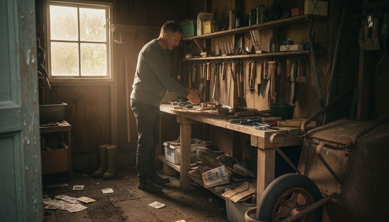 Man organizing tools in rustic garden shed