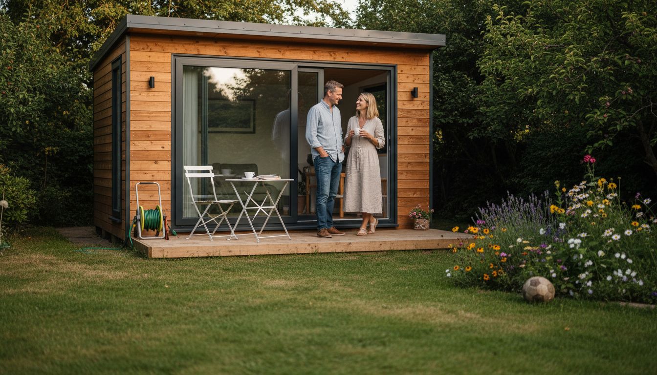 Couple outside modern garden room in UK garden