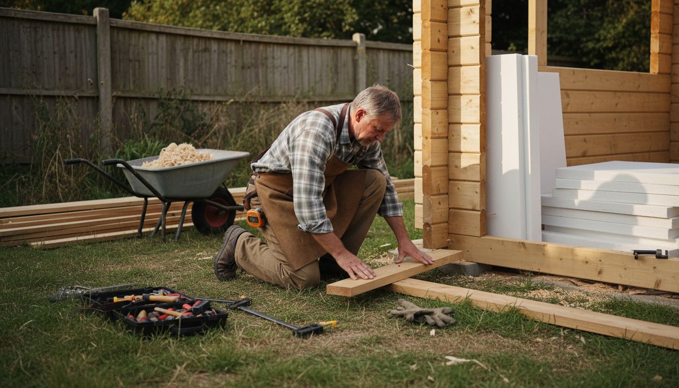 Carpenter examines garden cabin building materials