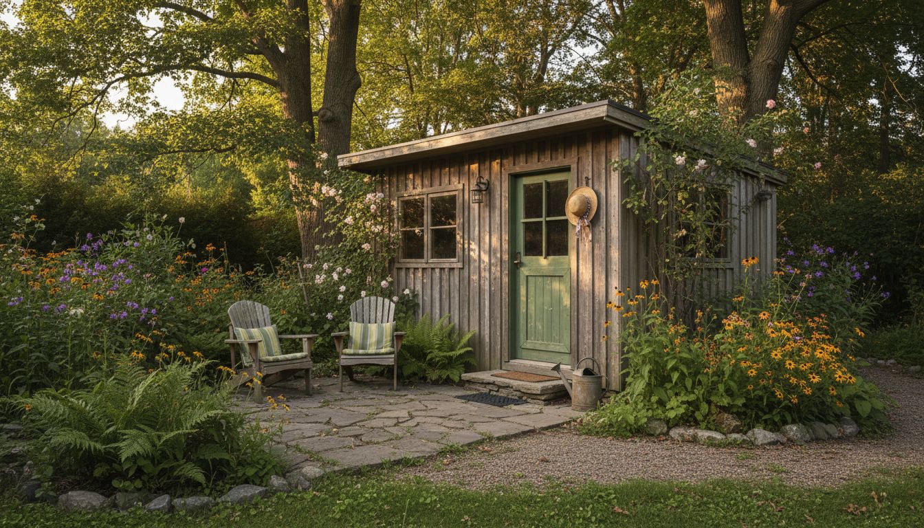 Inviting garden cabin retreat exterior scene