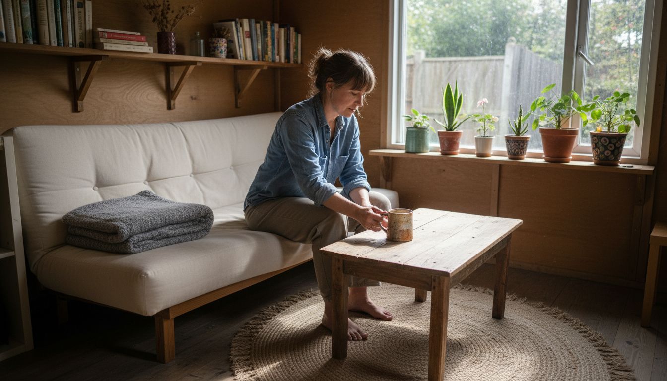 Garden cabin interior with practical furnishings