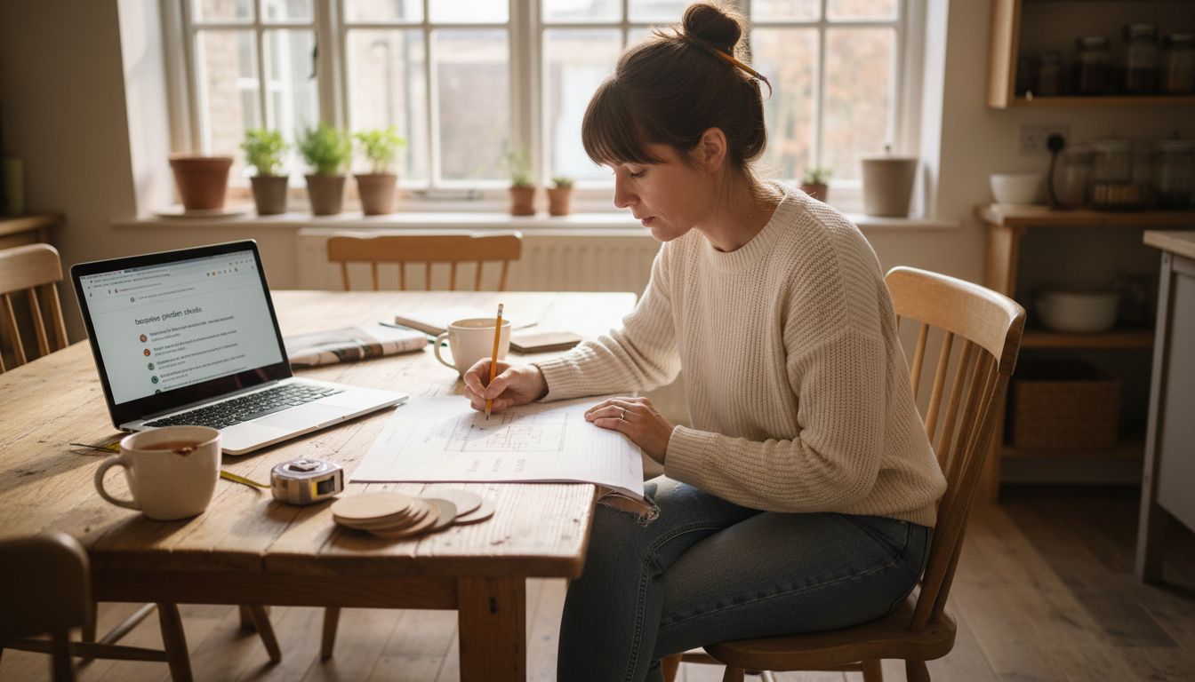 Woman sketching bespoke shed plans at table