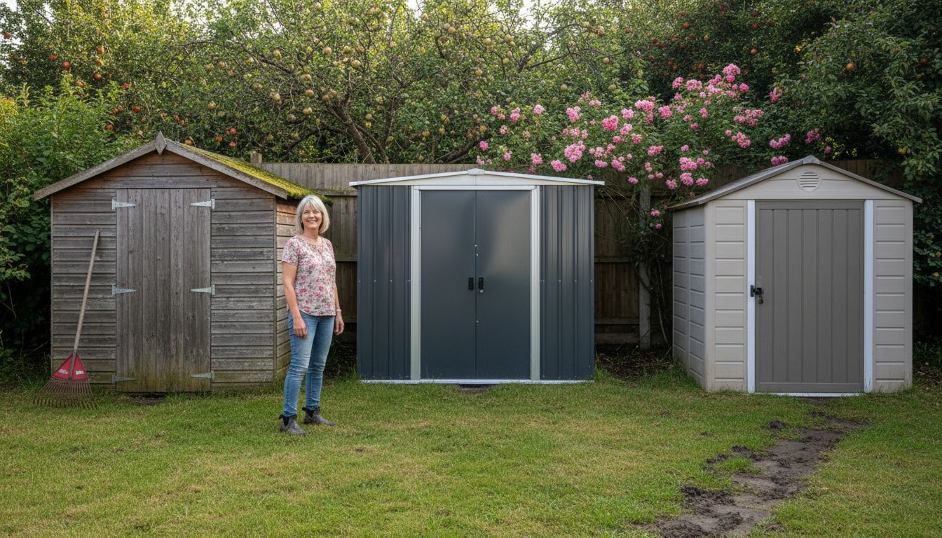 UK garden with timber, metal, and plastic sheds