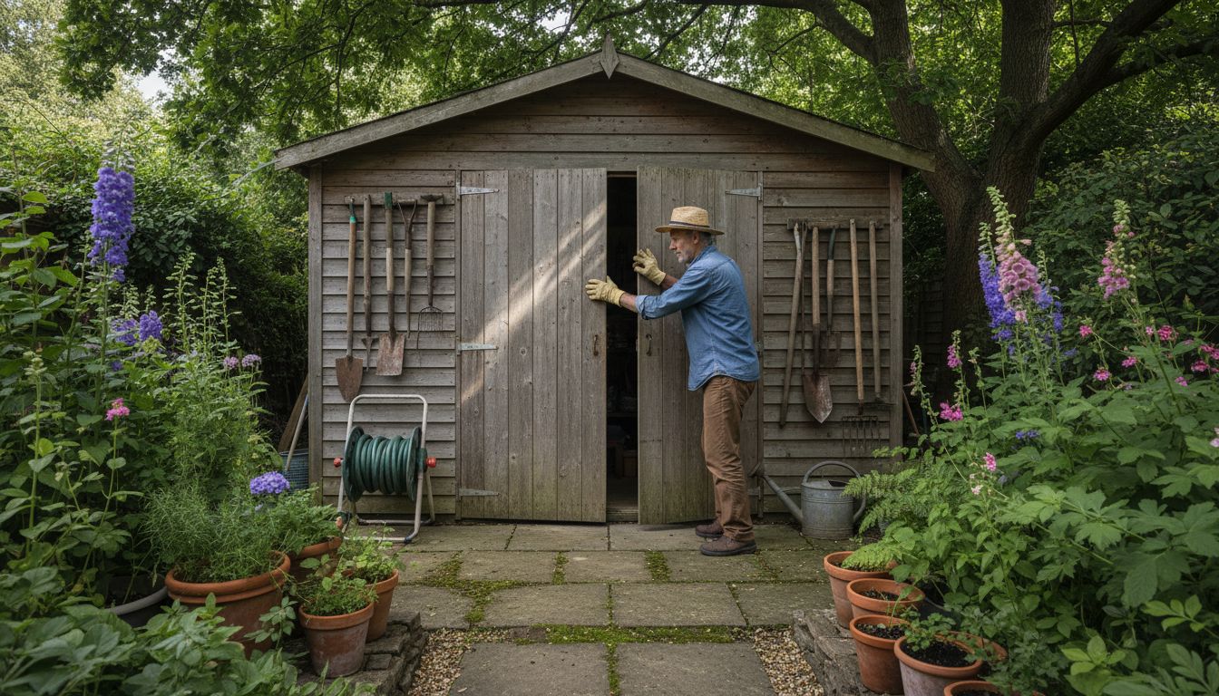 UK garden shed with storage and tools