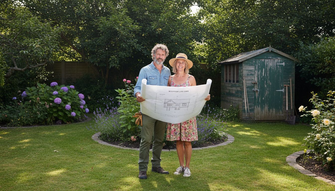 Couple choosing garden building outdoors