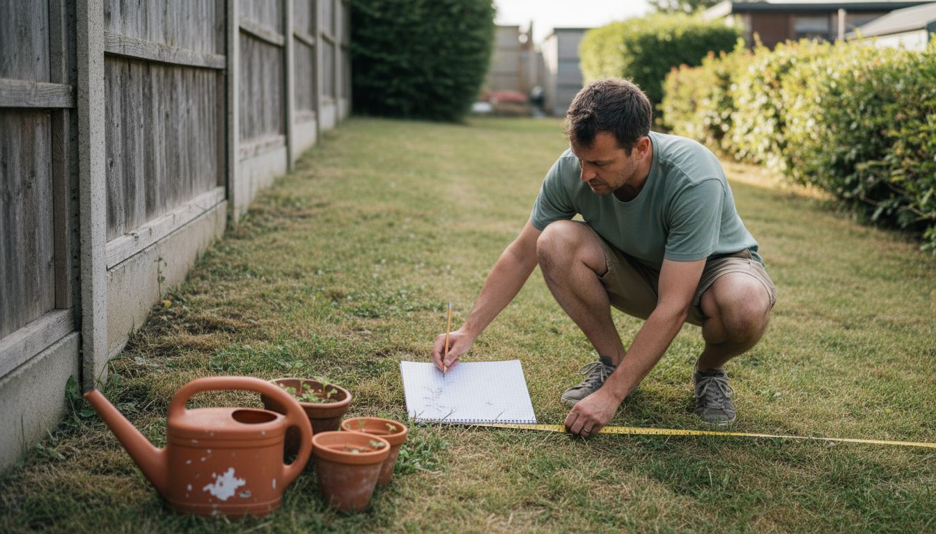 Man measuring garden space with tape