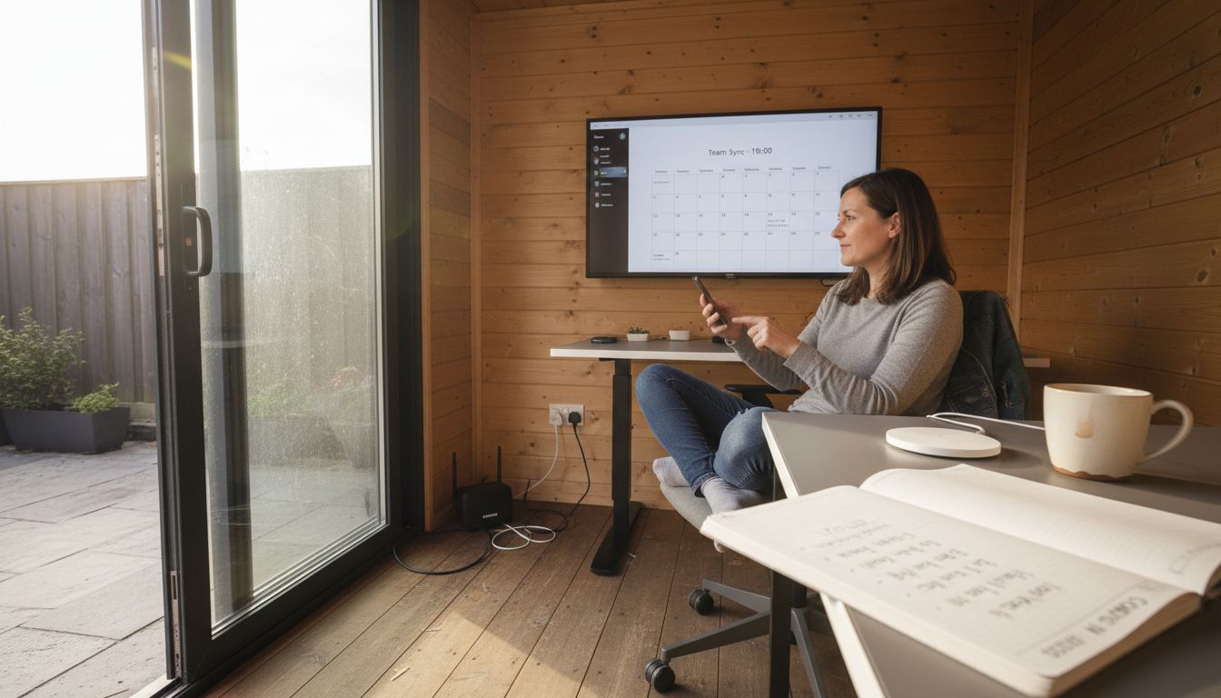 Woman using smart tech in garden office