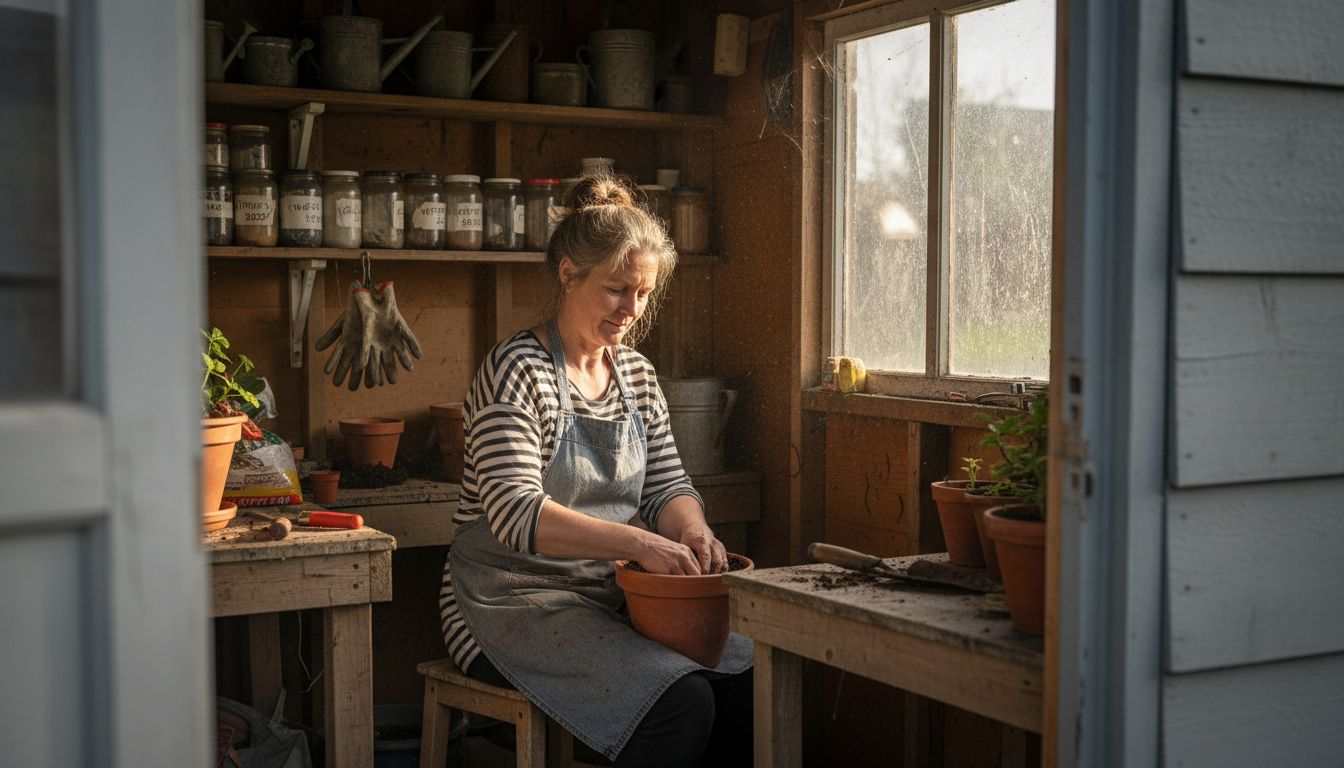 Woman potting plants in cluttered shed interior