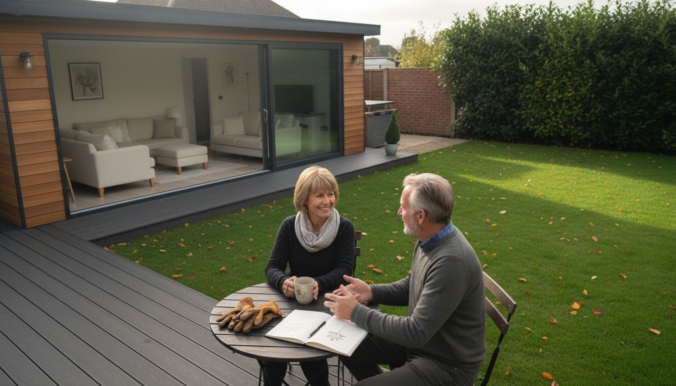 Couple outside luxury garden room in UK garden
