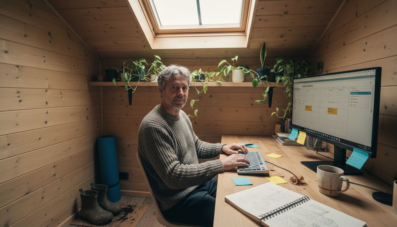 Garden office workspace with everyday details