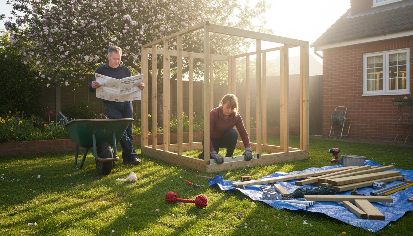 Couple installing shed in UK garden