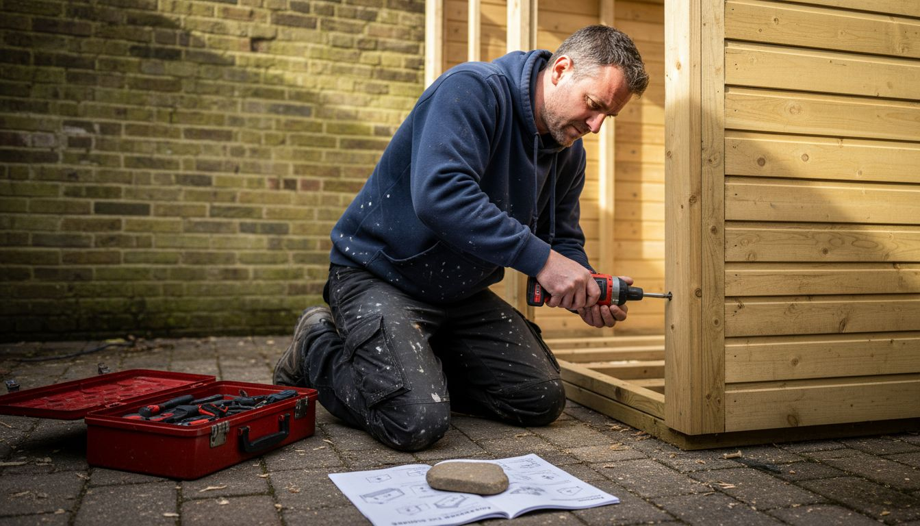 Man assembling shed panels in backyard