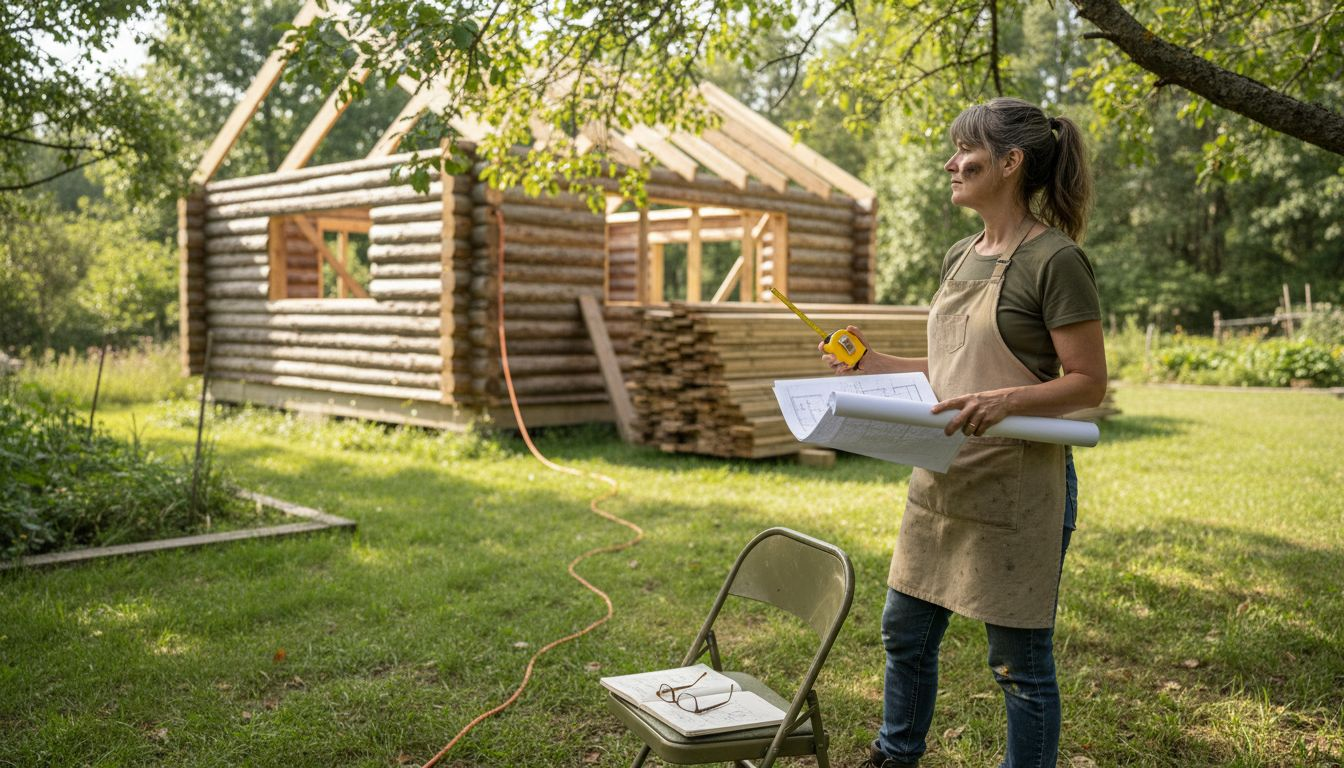 Woman selecting garden office site and materials